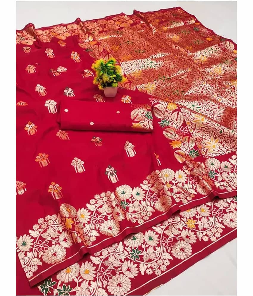 KALIPATRA Art Silk Solid Banarasi saree With Unstitched Blouse Piece ( Red )