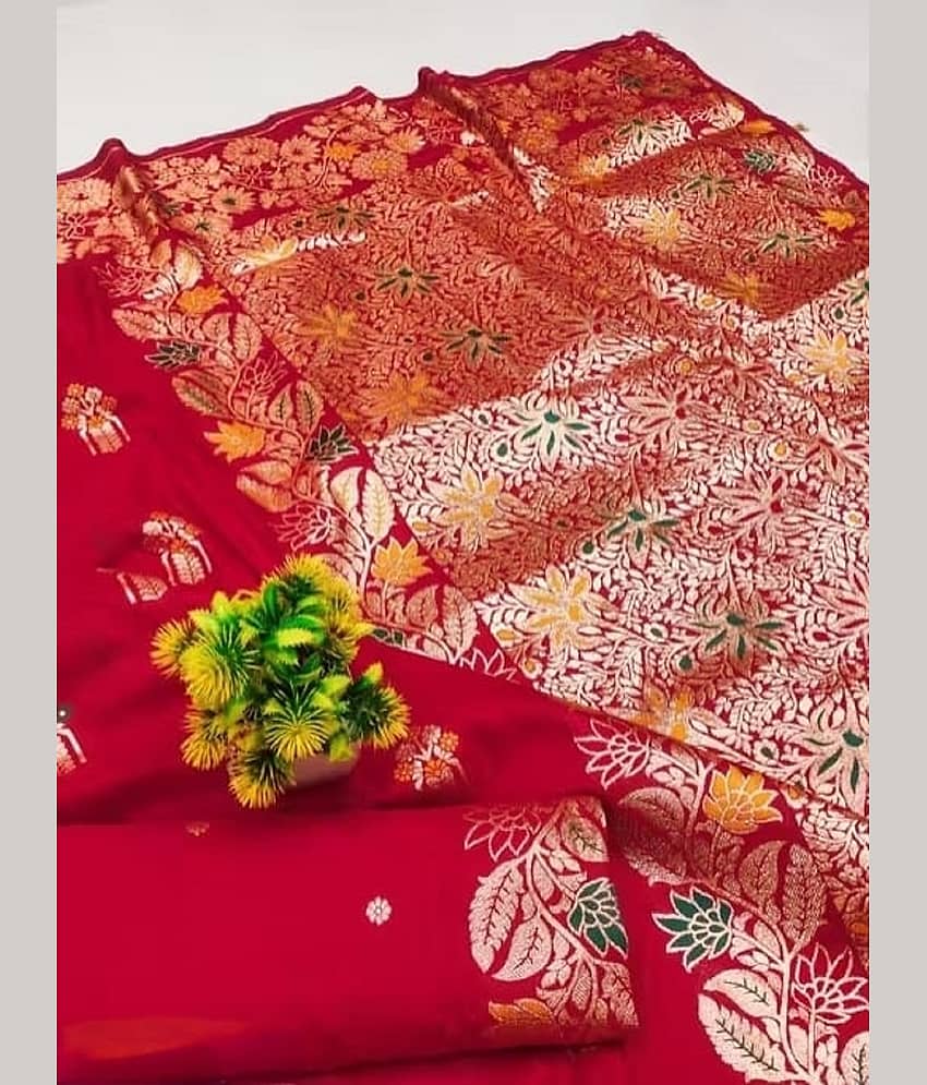 KALIPATRA Art Silk Solid Banarasi saree With Unstitched Blouse Piece ( Red ) view 2