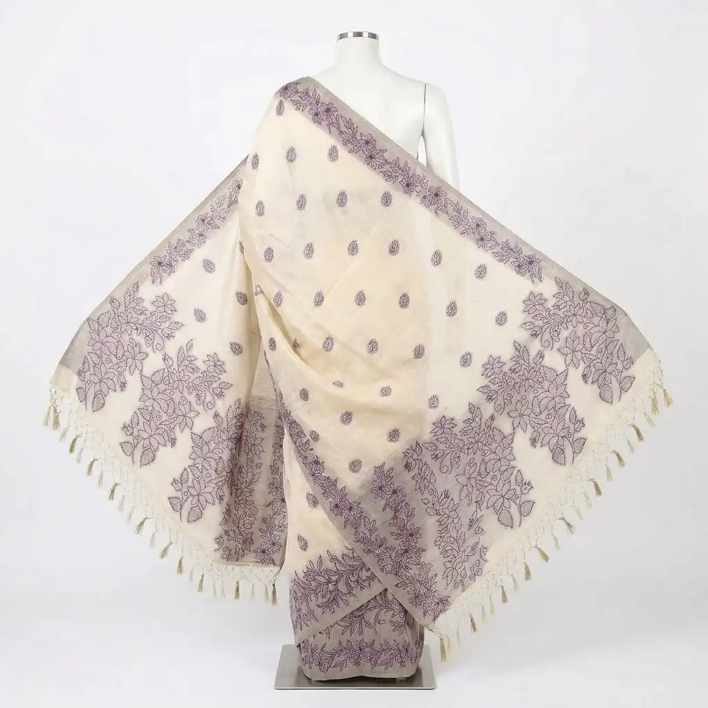 Sambalpuri Floral Print Purple Odisha Tussar Cotton Saree view 2