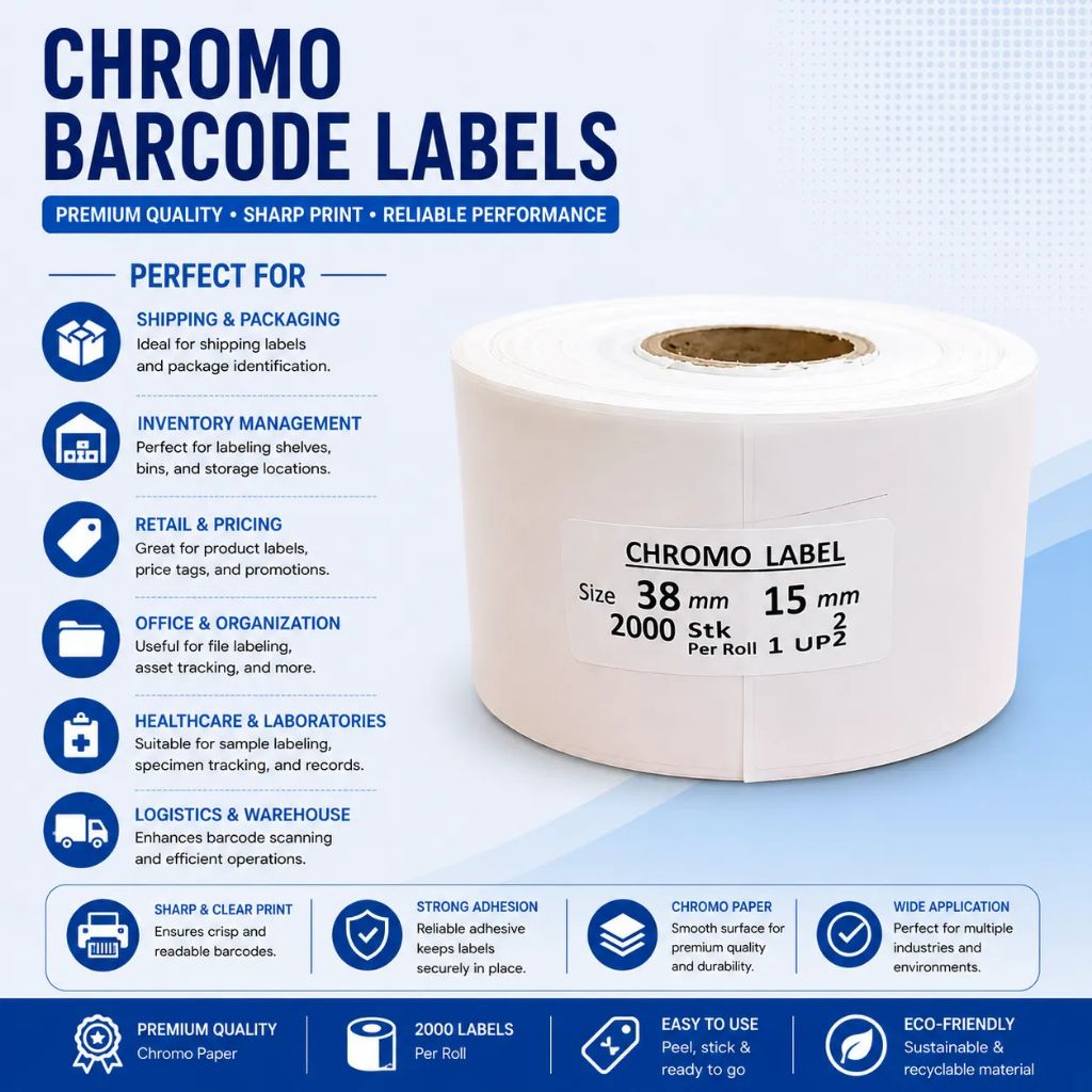 Chromo Barcode Labels – 38mm x 15mm | 2000 Labels per Roll | Self-Adhesive White Paper Label view 2