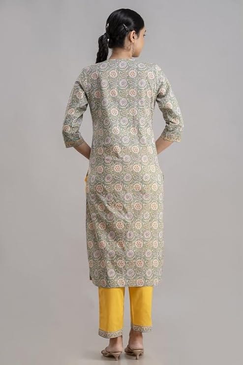 Yellow and Green printed kurti and pant set view 2