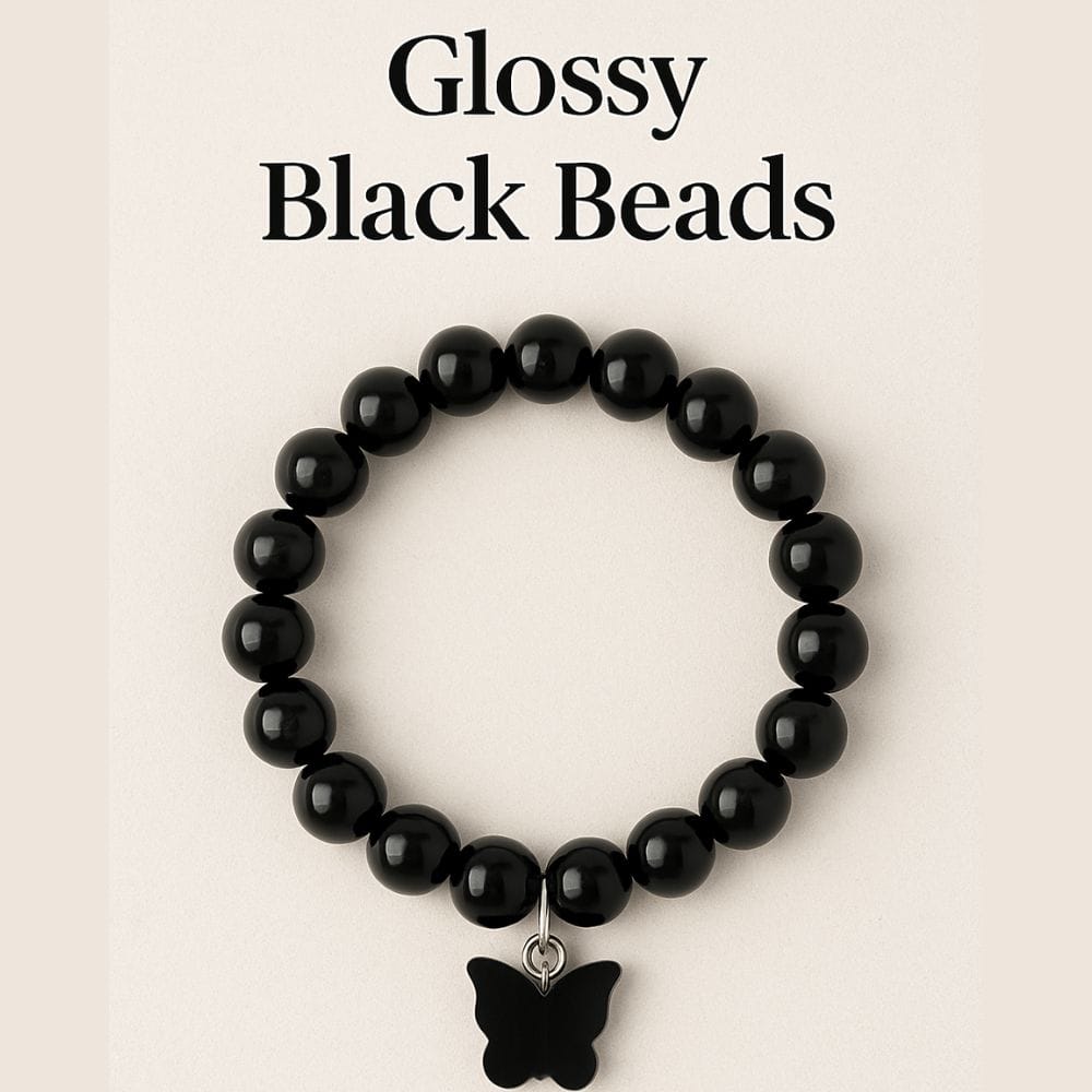 Elegant Black Beaded Bracelet with Good Luck Butterfly Charm - Lightweight Everyday Wear (Pack of 2) view 2