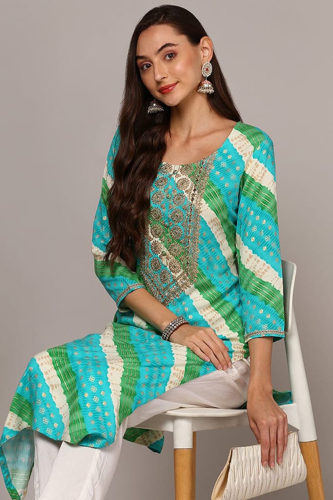 Plus Size Blue Viscose Rayon Leheriya Straight Kurta VCK9556 view 2