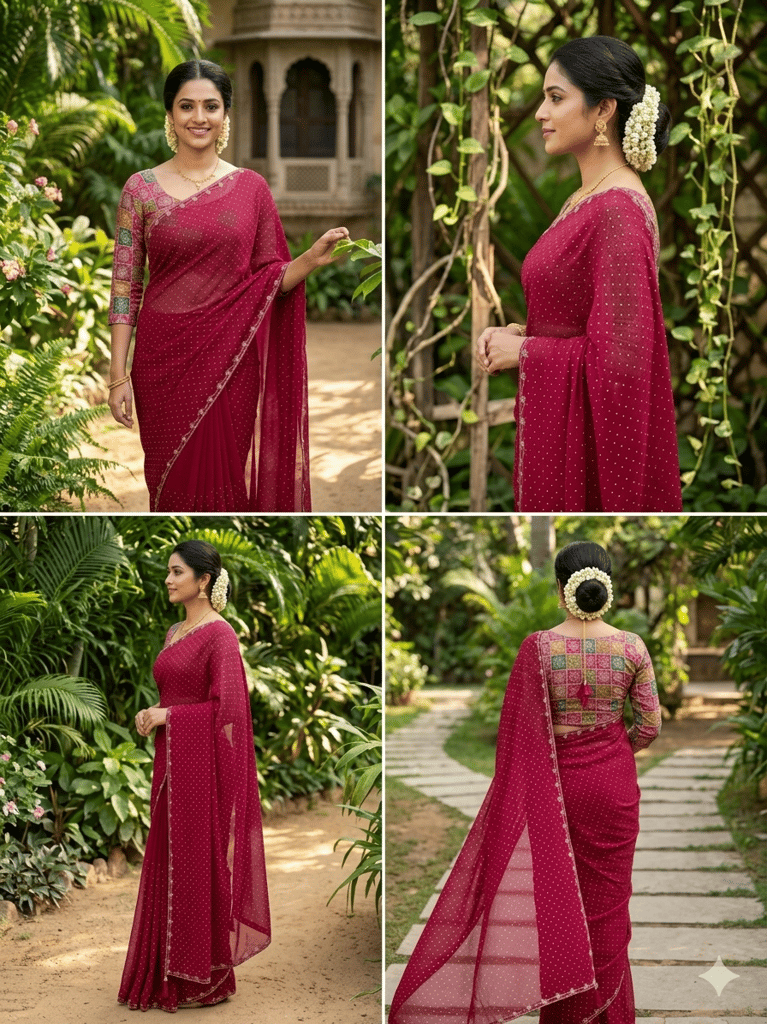 Women's Maroon Georgette Saree with Multicolored Geometric Blouse view 2