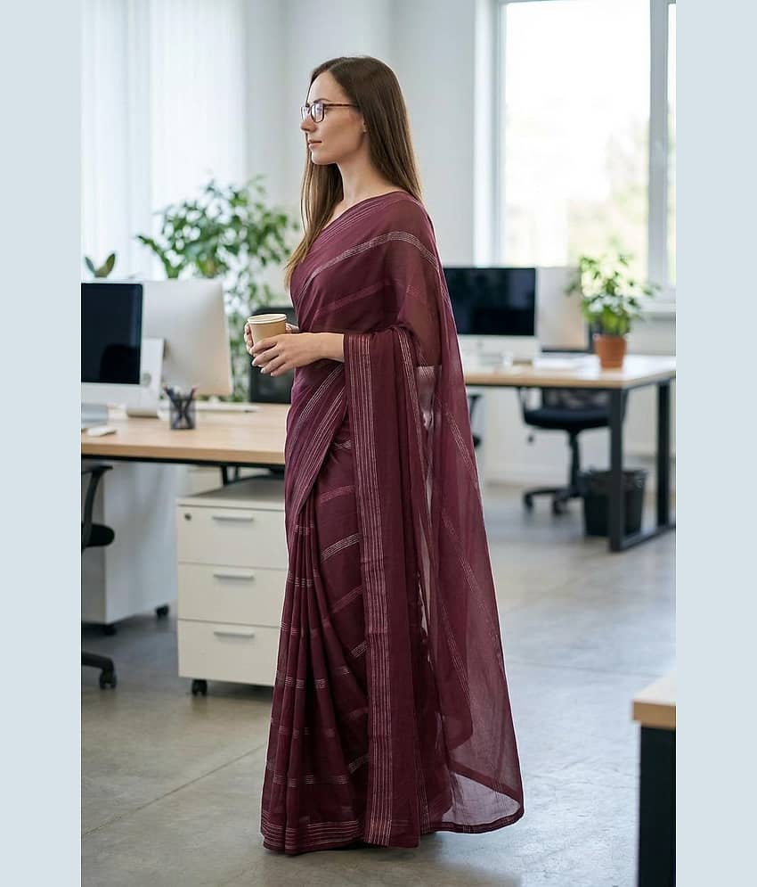 ANAND SAREES Satin Solid Kasavu Saree With Unstitched Blouse Piece ( BROWN ) view 2