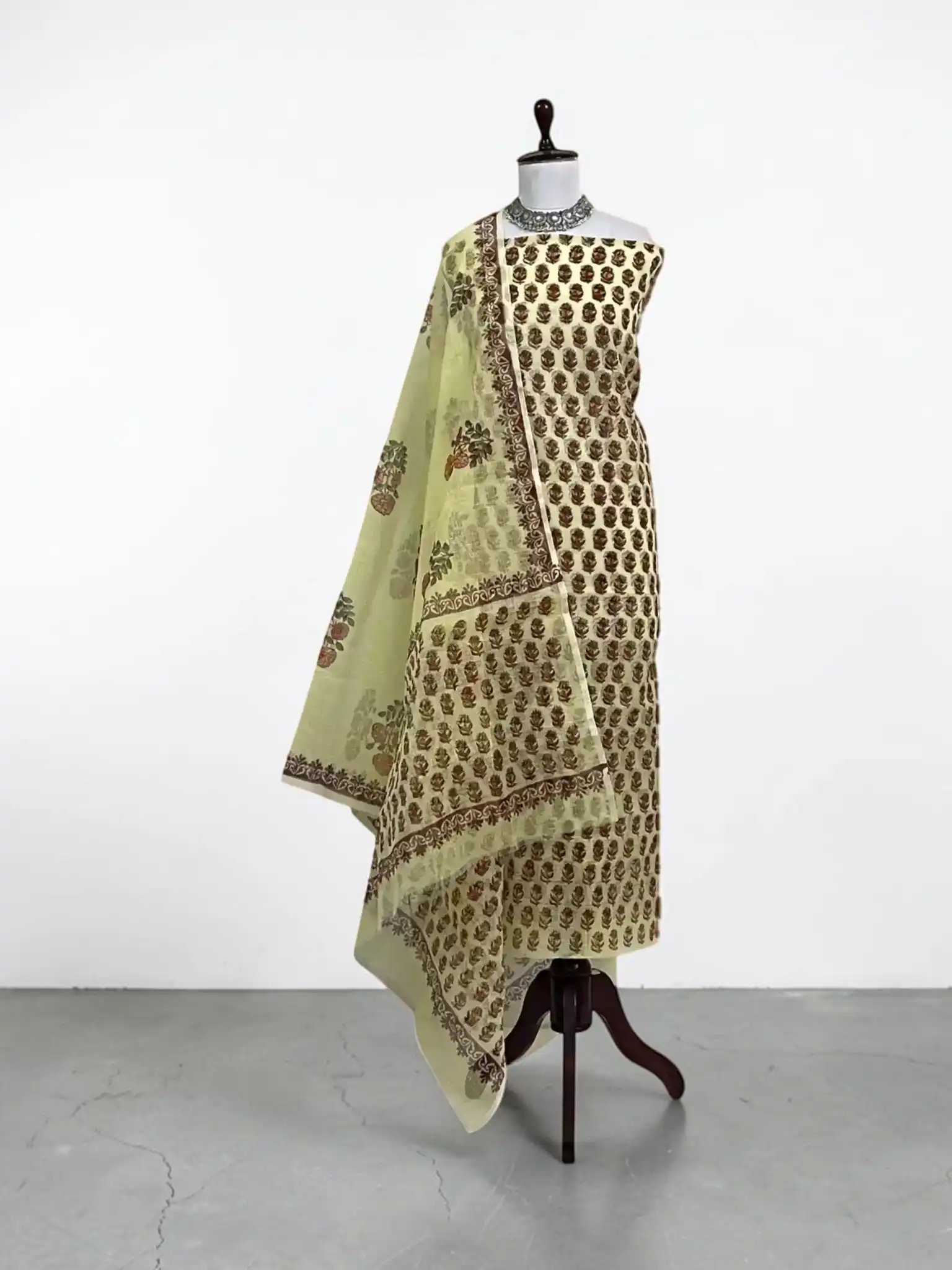Handwoven Kota Doria Cotton-Silk Dress Material in Beige Rose
