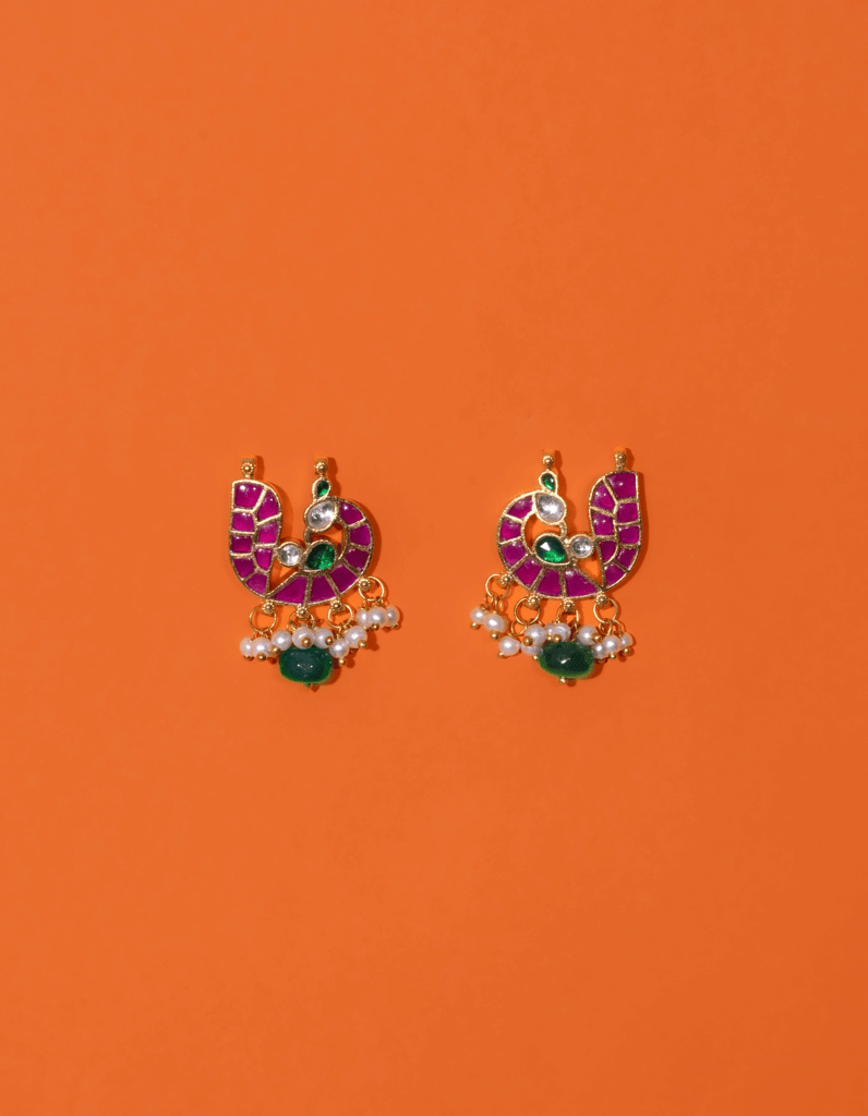BHAGAVATI MOR SHAPED POLKI WITH SEMI-PRECIOUS STONE WITH BASRA MOTI view 2
