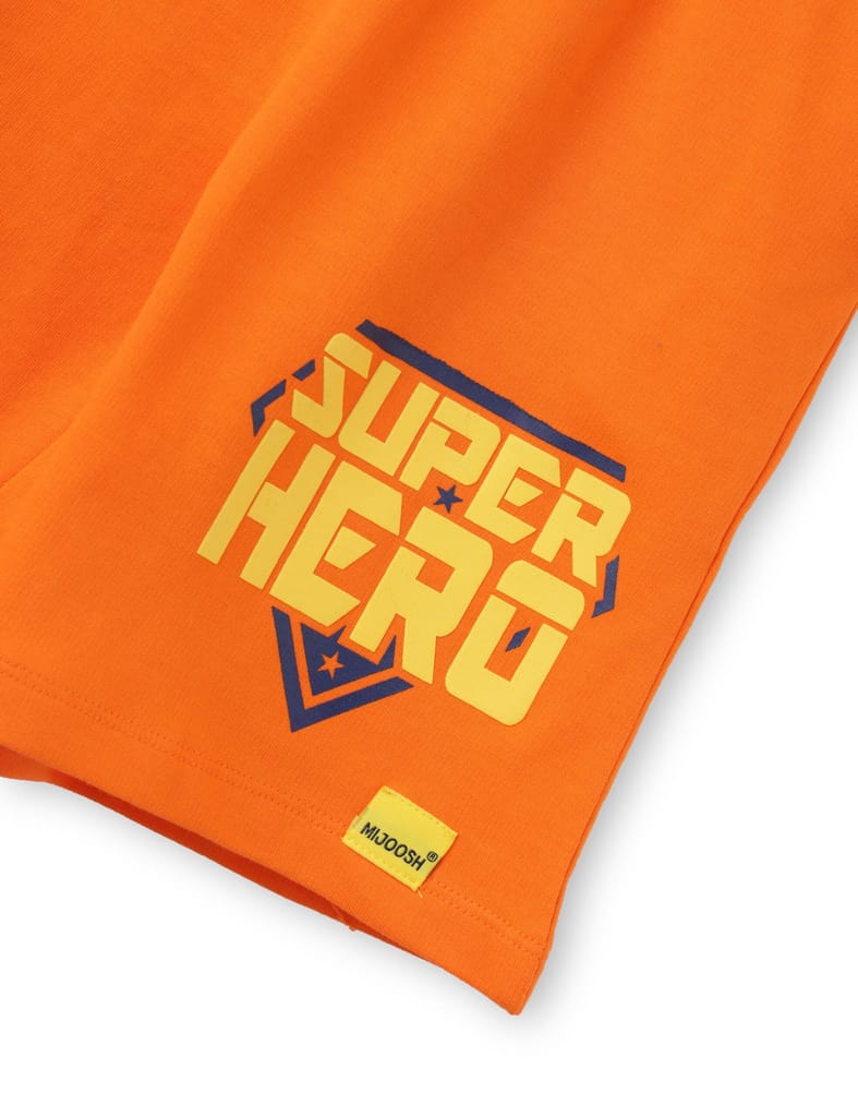 Boys Shorts Cotton French Terry Scarlet Ibis Orange Super Hero view 2
