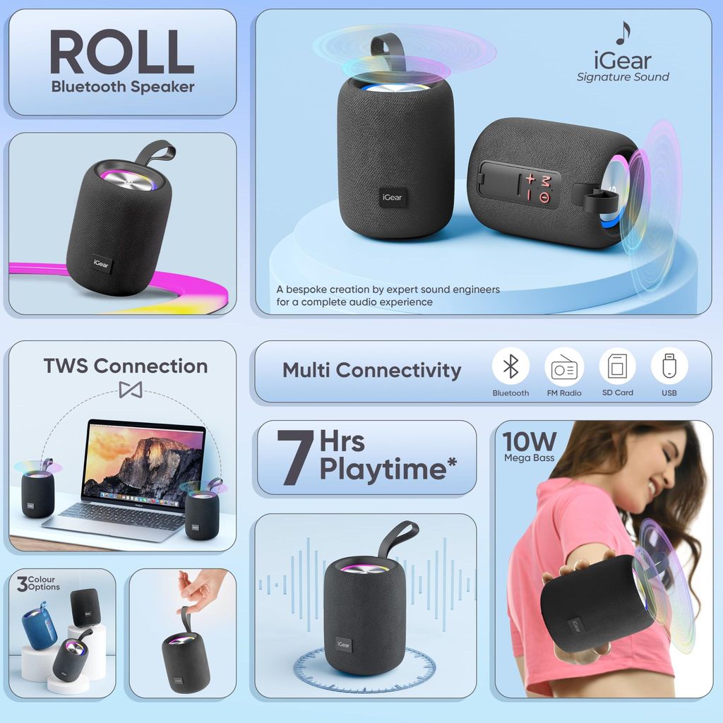 Roll 10W Portable Bluetooth Speaker - Immersive 360-Degree Surround Sound, Extended 7-Hour Playtime, Splashproof Design, True Wireless Stereo (TWS) Pairing, Portable with Travel Loop view 2