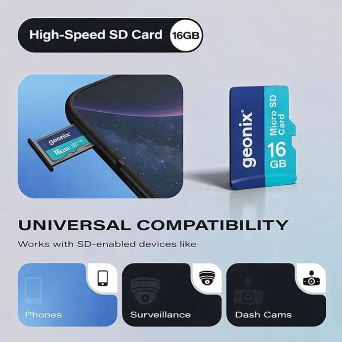GEONIX MICROSD CARD 16GB 150MB/s Read, 70MB/s Write, Memory Card 16 GB MicroSDXC Class 10 150 MB/s Memory Card Compatible with Mobile, Camera, Computer, Tablet view 2