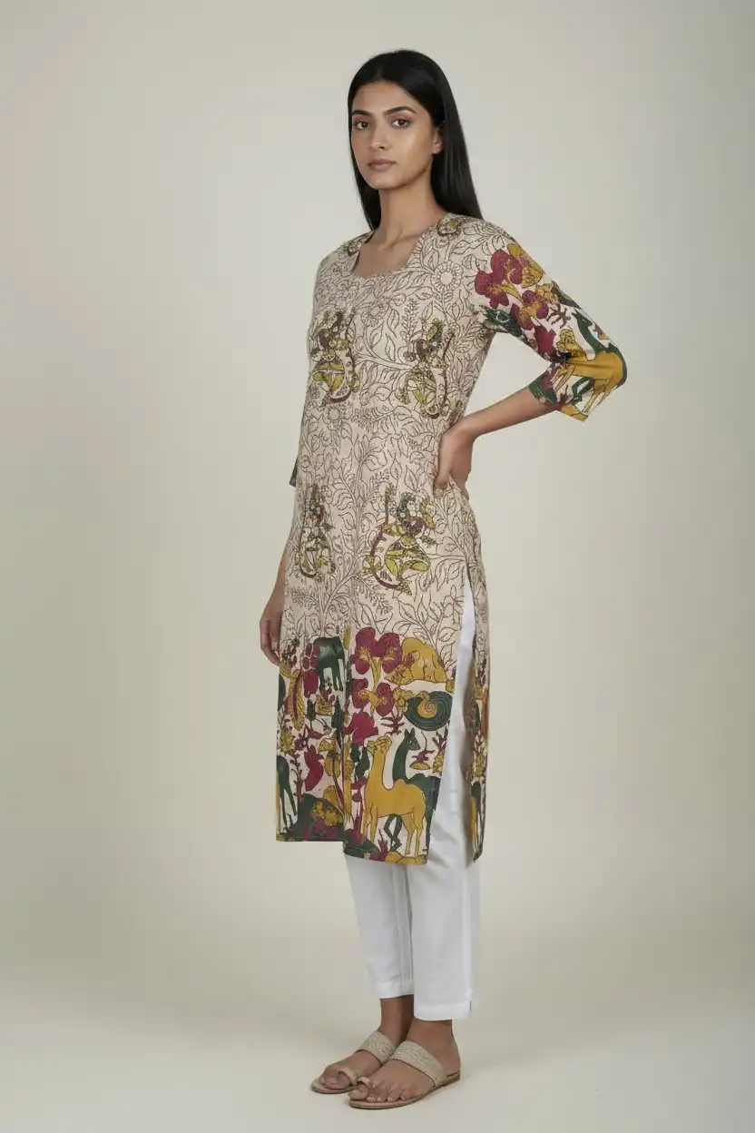 Kalamkari Print Cotton Kurti Cream Yellow Green view 2