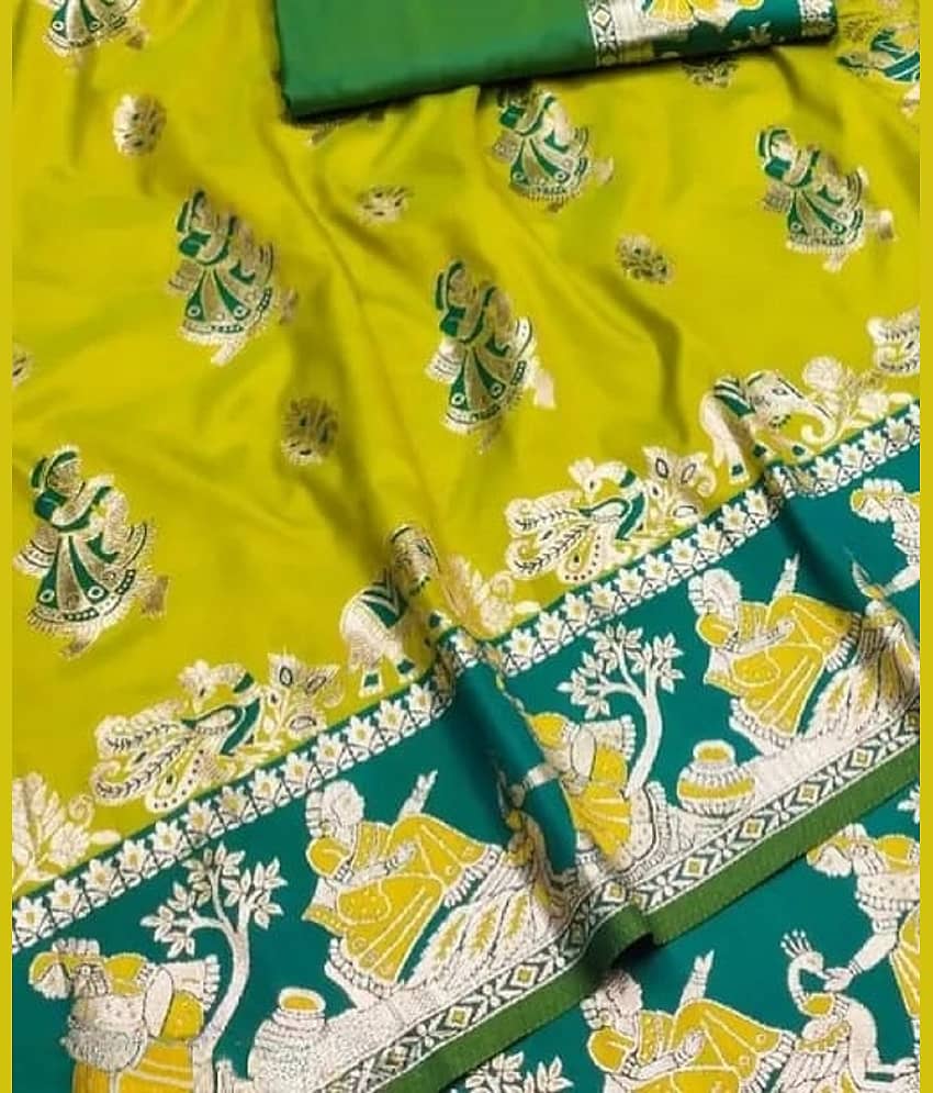KALIPATRA Art Silk Solid Baluchari Saree With Unstitched Blouse Piece ( Lime Green ) view 2