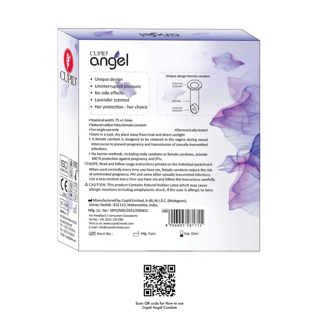 Cupid Angel Female Condoms 2N (Pack of 3) | Unique Design | Uninterrupted Pleasure | No Side Effects | Lavender Scented | Her Protection - Her Choice view 2