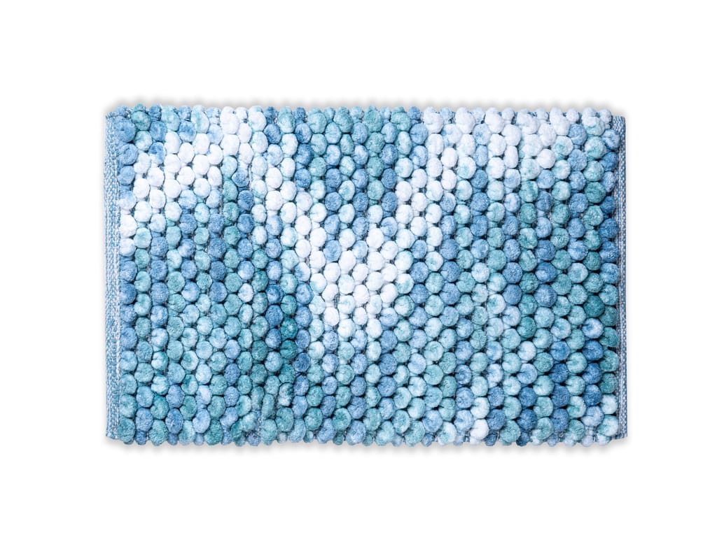 Luxurious Ombre Blue & White Pom-Pom Bath Mat | Ultra-Soft & Absorbent Bathroom Rug view 2