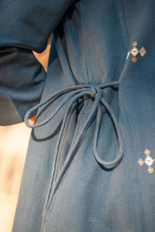 Akriti Blue Handwoven Extra-Weft V neck Dress view 2
