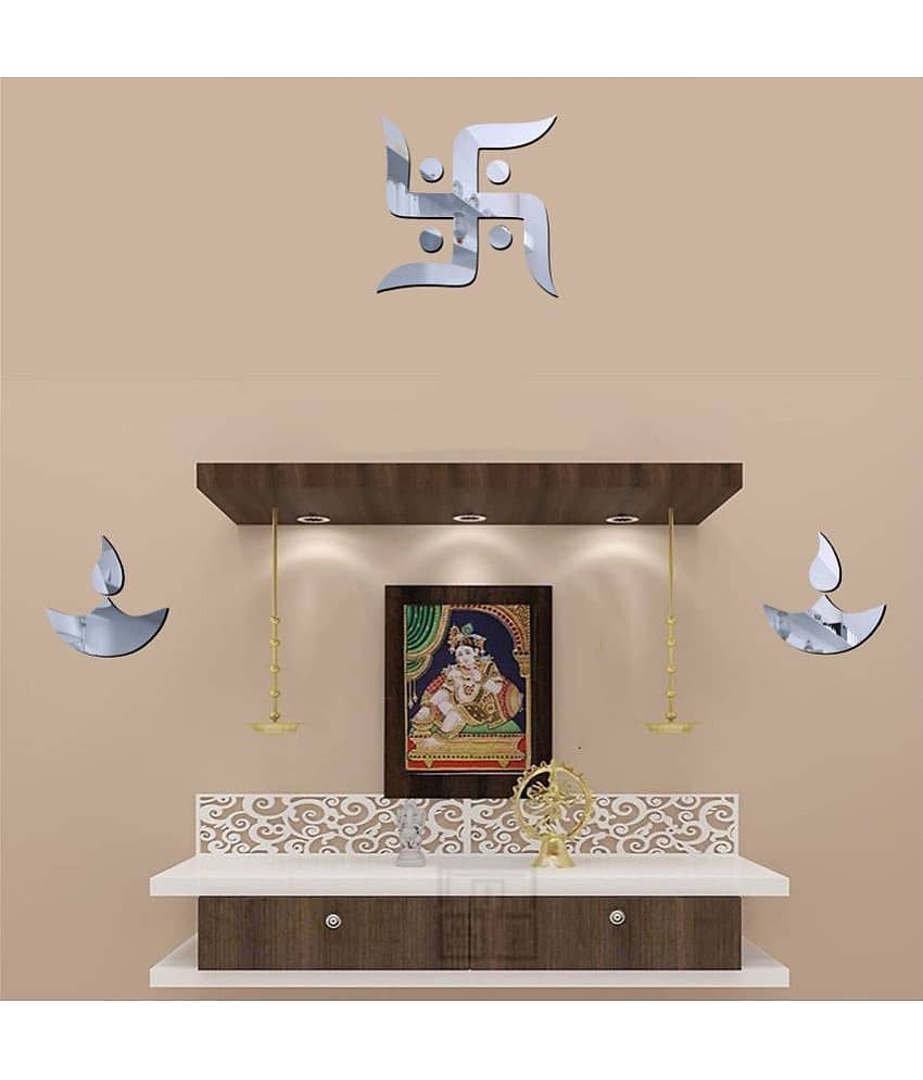 Asmi Collection Beautiful Swastik & 2 Diyas Acrylic Mirror Wall Sticker ( 15 x 15 cms ) view 2