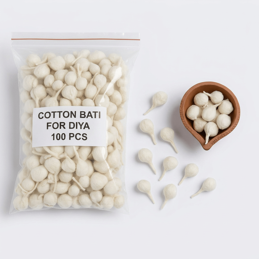 Cotton Bati for Diya - 100 Pcs - Pure Cotton Wick for Puja