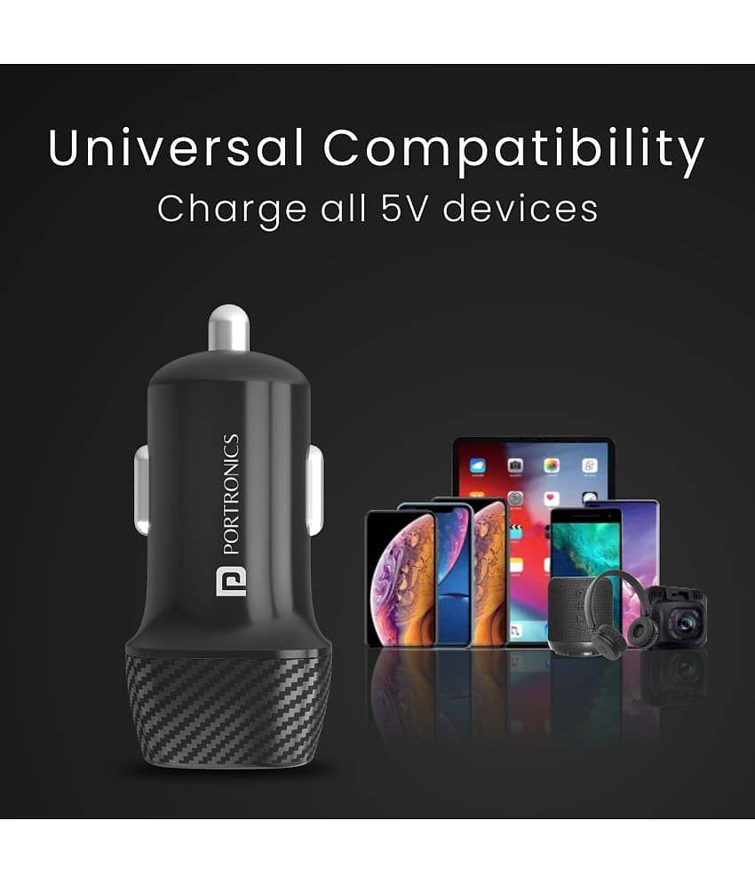 Portronics Car Power 5 Car Charger with Dual USB Ports ,Black (POR 1345) wihtout cable view 2