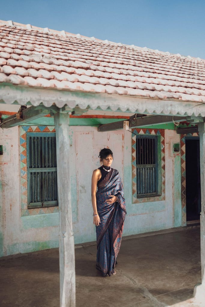 Jharokha -Indigo silk cotton Ajrakh handblockprinted saree view 2