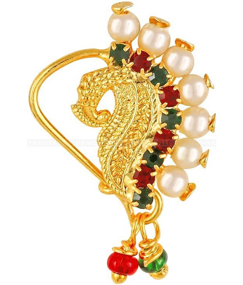 Vivastri Gold Plated Red Stone with Peals Alloy Maharashtrian Nath Nathiya./ Nose Pin for Women &Girls VIVA1005NTH-TAR view 2
