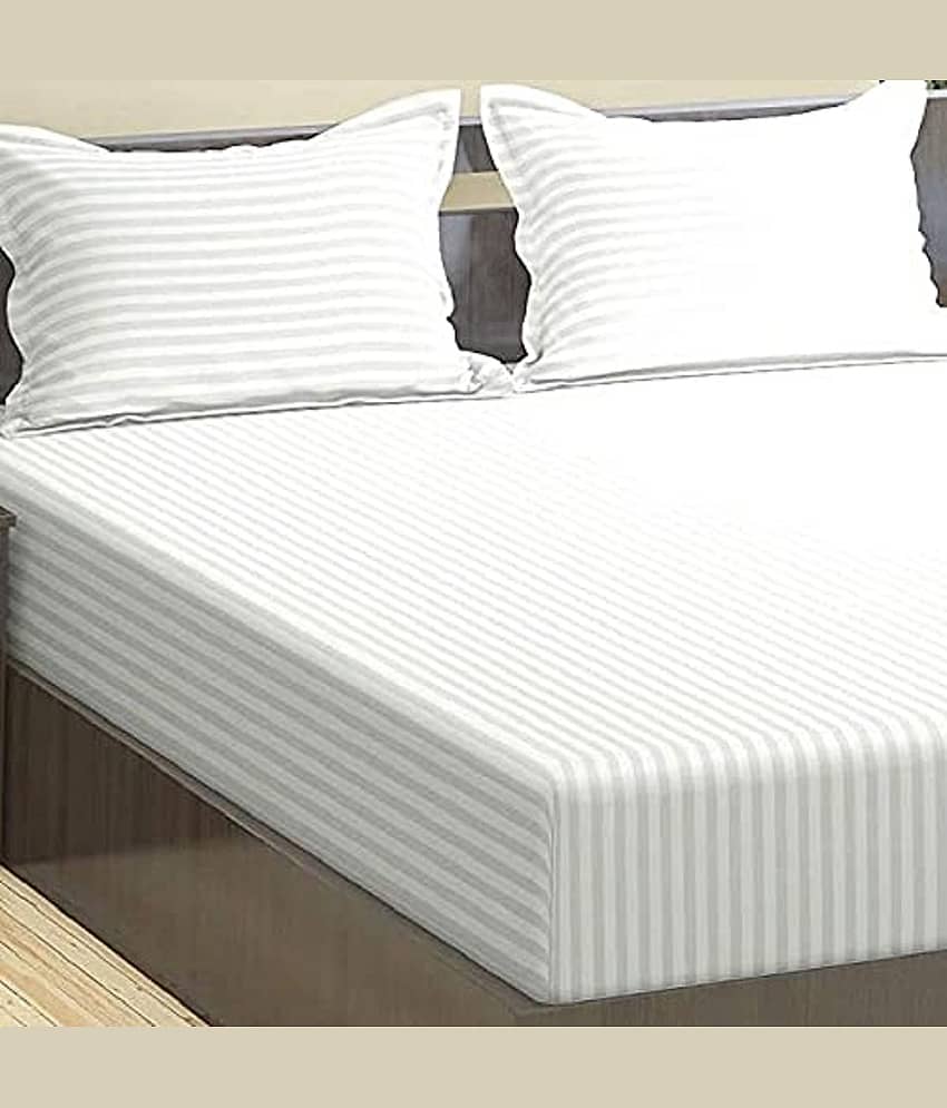 Neekshaa Satin Stripe Solid Fitted Fitted bedsheet with 2 Pillow Covers ( Double Bed ) - White view 2