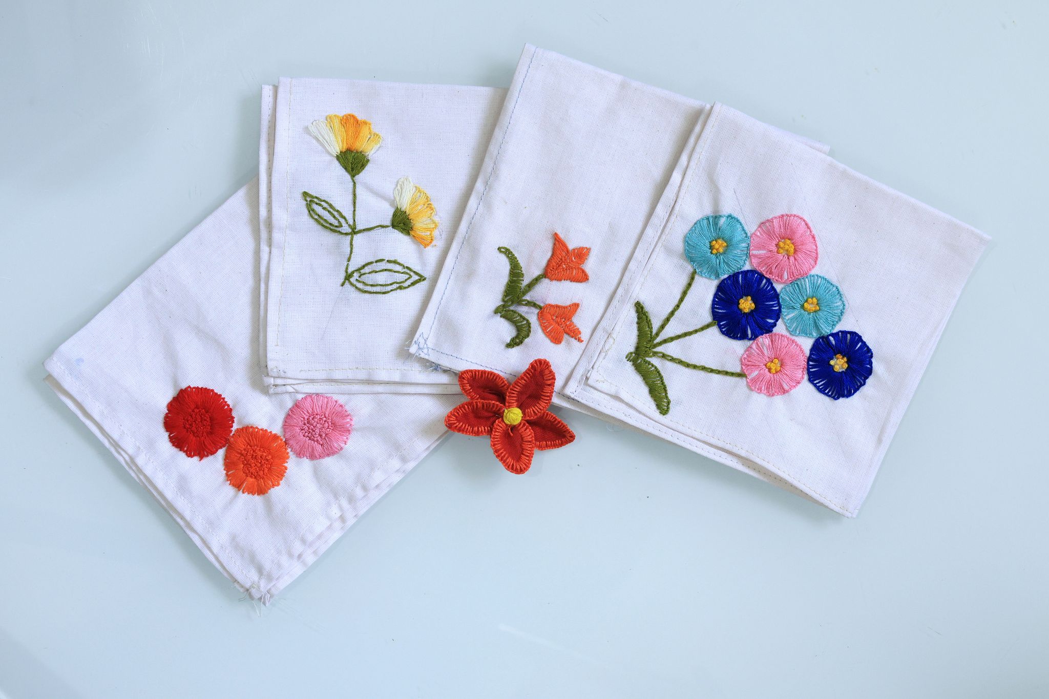 Set of 4 Hand Embroidered Floral Handkerchief view 2
