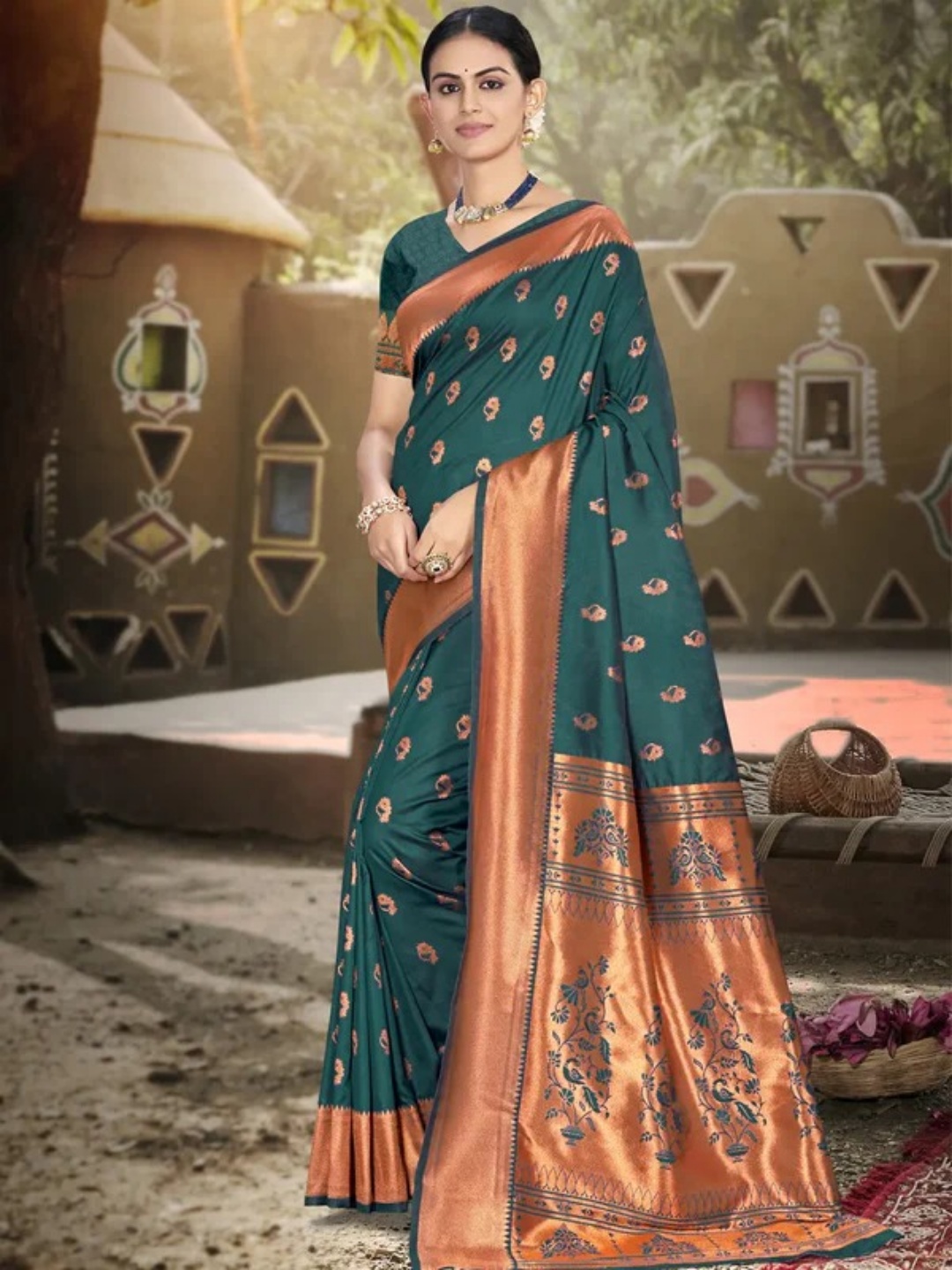 Dark Green Silk Saree view 2