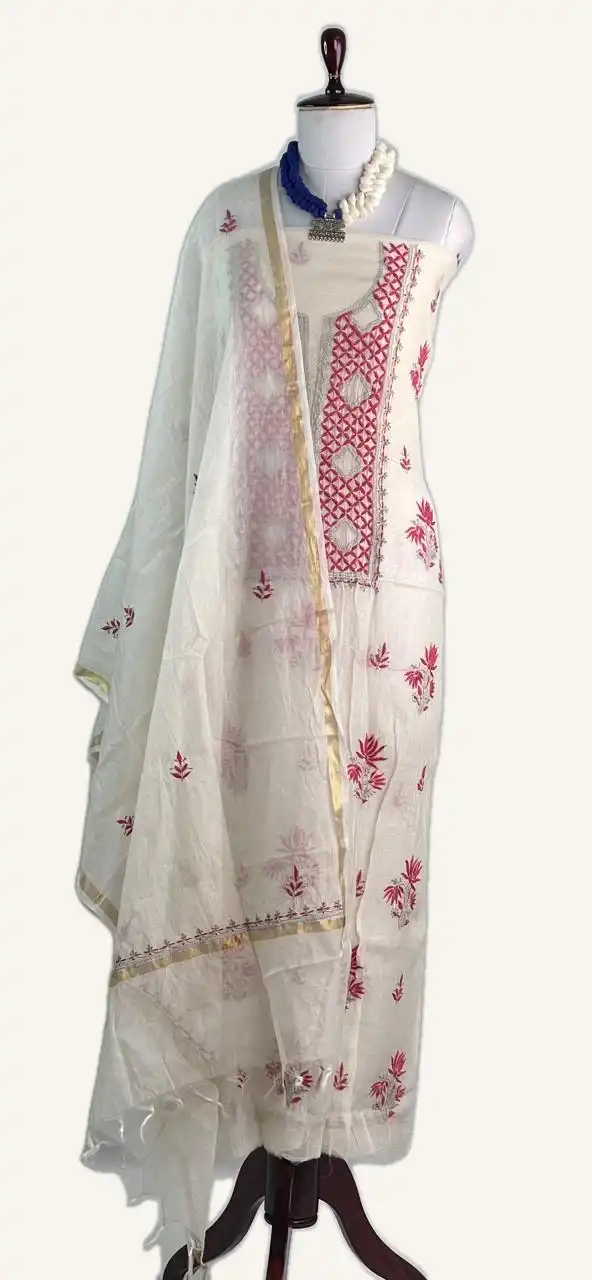 Chikankari Mul Chanderi Dress Material Ivory Rose Yoke