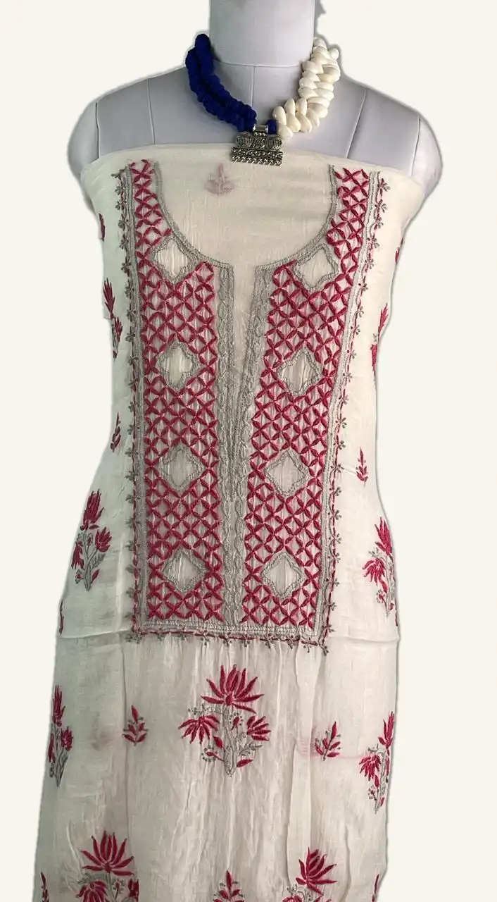 Chikankari Mul Chanderi Dress Material Ivory Rose Yoke view 2