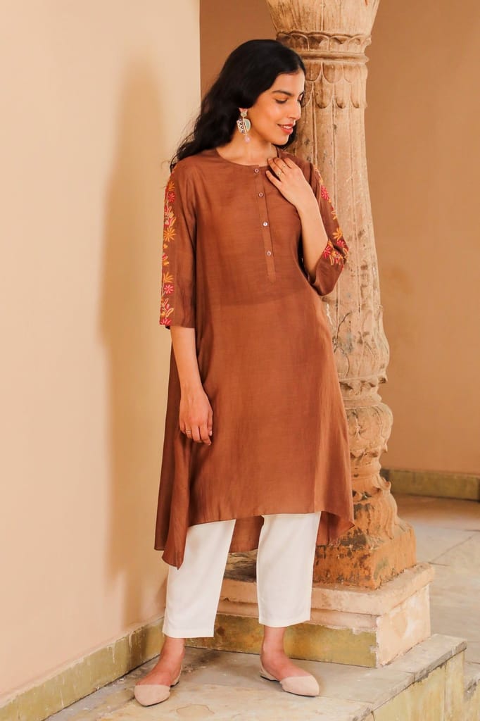 Juhi Brown Kurta With Crewel Embroidered Sleeves view 2