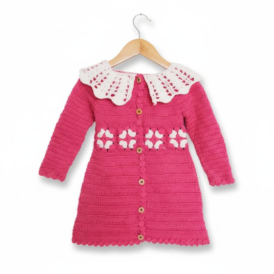 Girls Pink Knitted Dress with Crochet Collar view 2