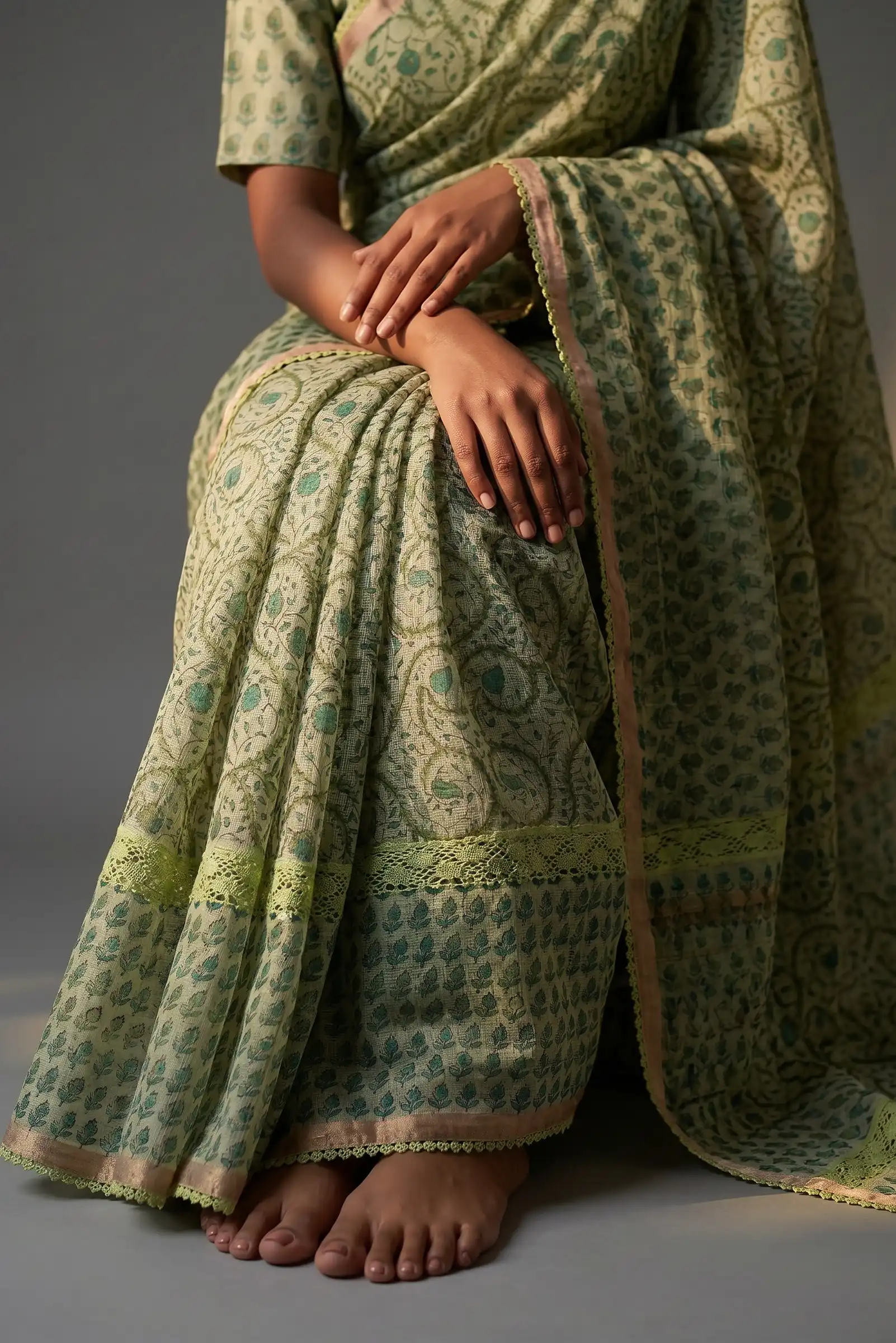 Kota Doria Cotton Saree Sage Green Block Print Paisley view 2