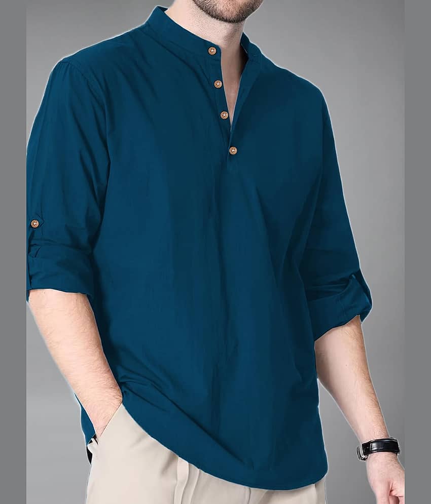 Vida Loca Cotton Blend Plain Shirt Style Kurta For Men ( Turquoise )