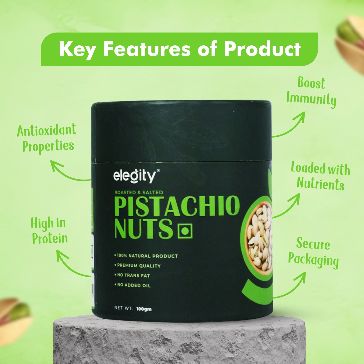 Elegity California Salted Pistachios Pouch (100 gm) | Crunchy & Healthy | Rich in Fiber & Protein | No Added Preservatives