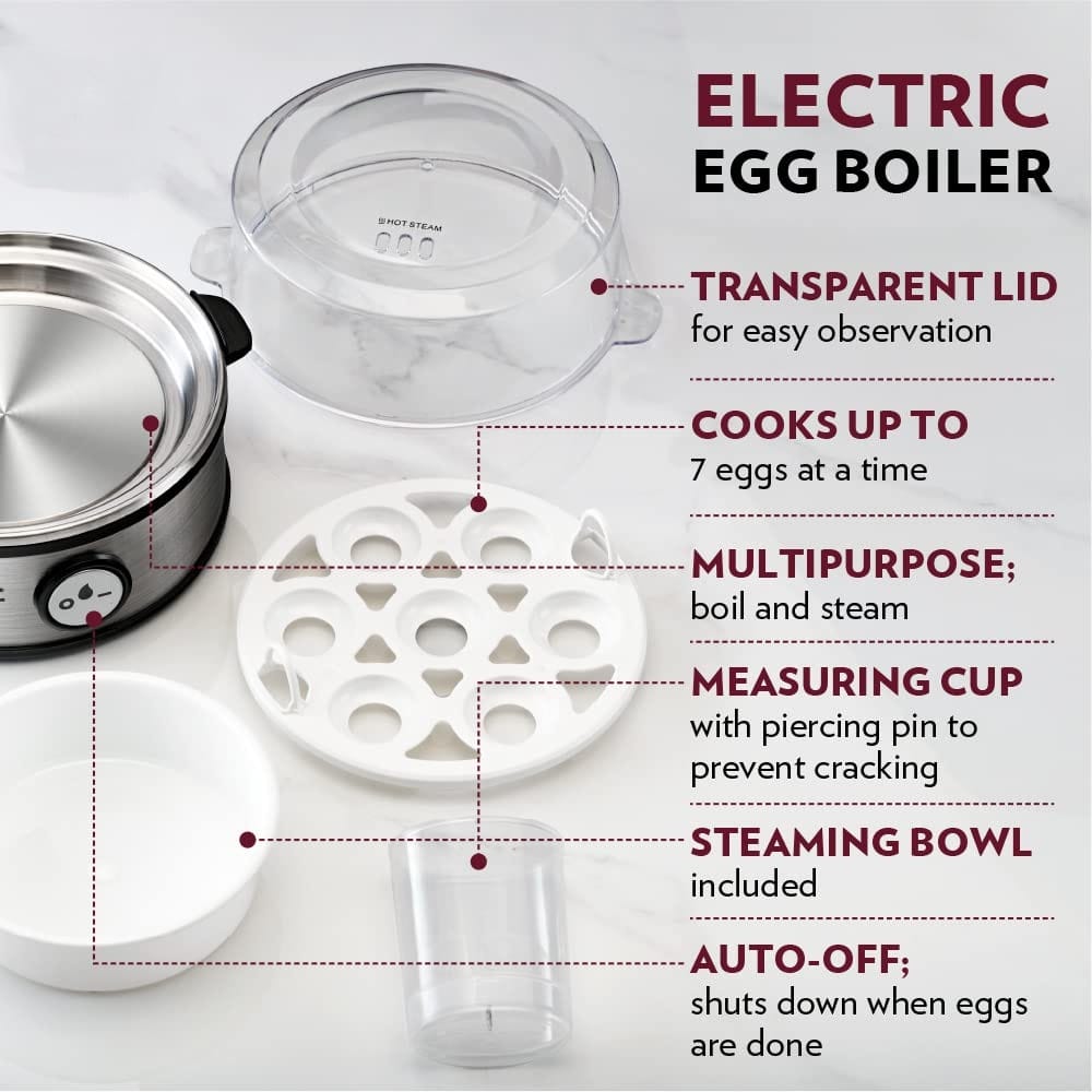 Elina Smart Stainless Steel Egg Boiler | Boil up to 7 Eggs - 360 Watts | 3 Boiling levels: Soft, Middle and Hard | Automatic, Overheat Protection | Easy to clean | 1Year Warranty view 2