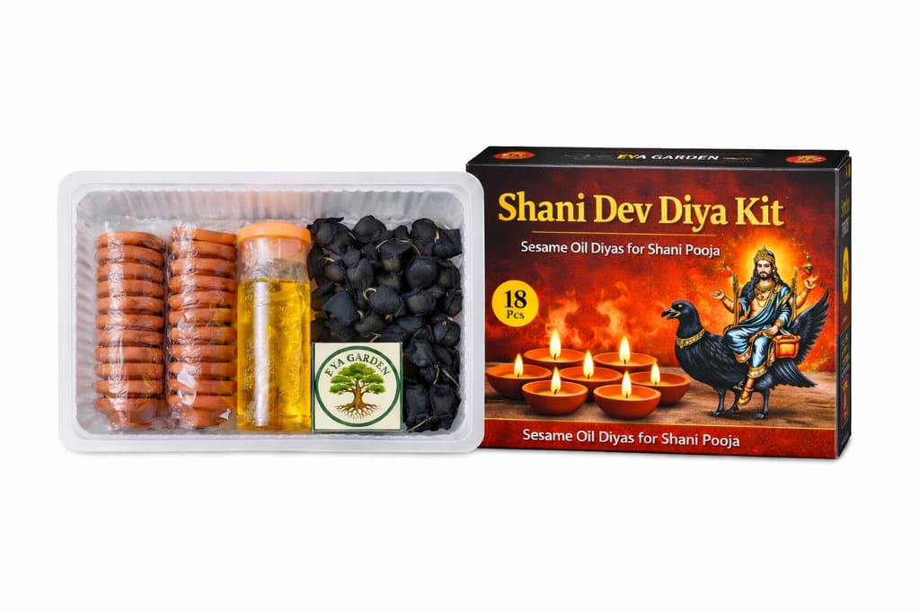 Shani Dev Diya (18 Pcs) with Sesame Oil, Black Cloth Wick Pouches & Matchbox view 2