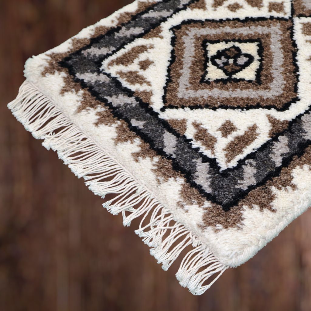ELURU Premium Ethnic Diamond Design Door Mat | Soft Woolen Decorative Carpet with Fringe – Beige & Brown view 2