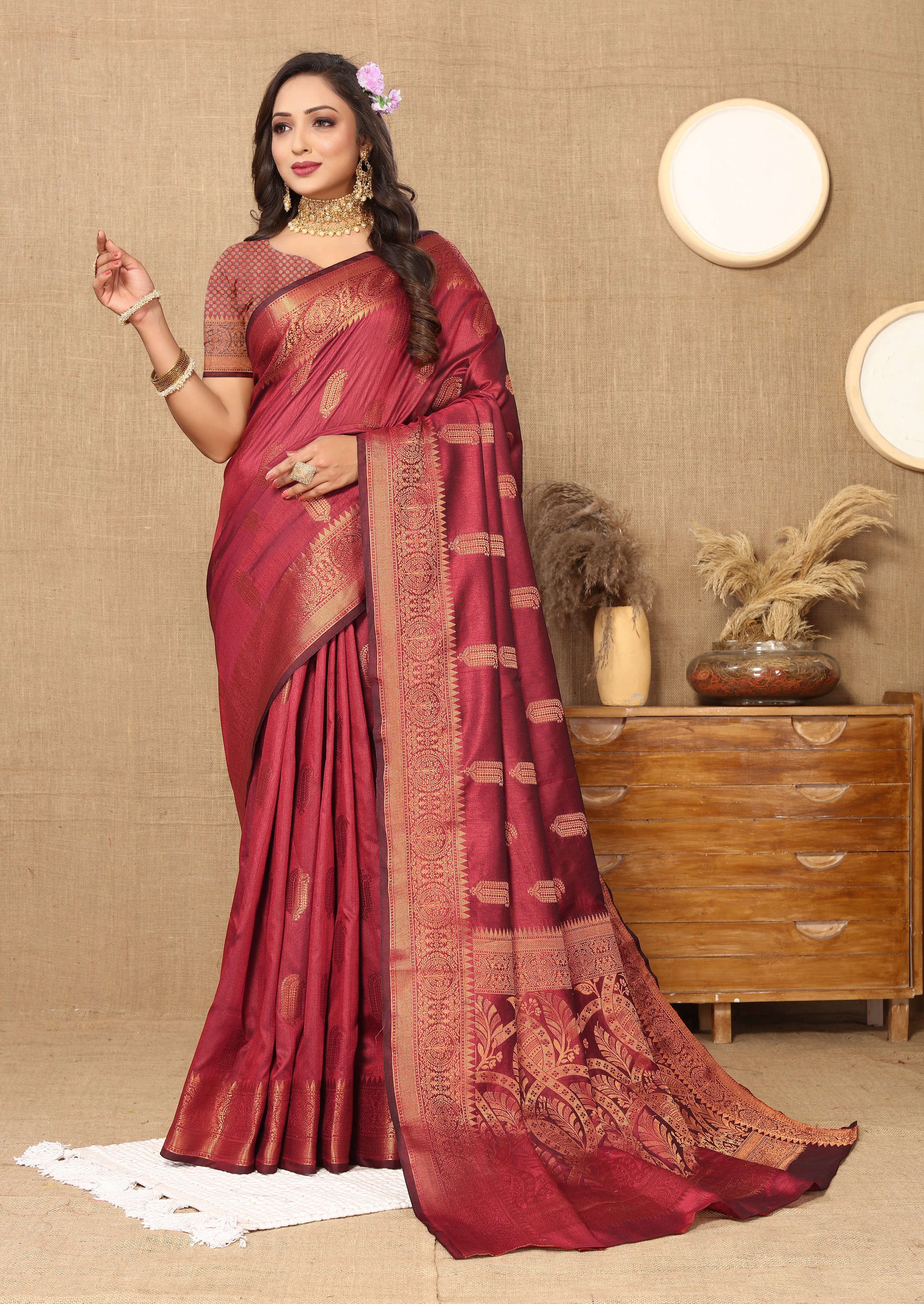 Soft katan silk saree with copper zari weawing... view 2