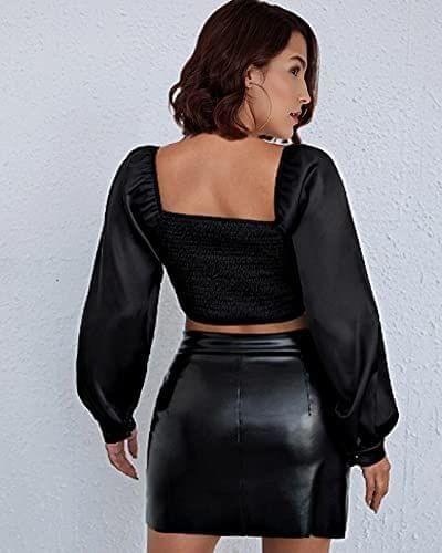 Kulfi Ruched Women's Bust Lantern Sleeve Top (Black, XL) view 2