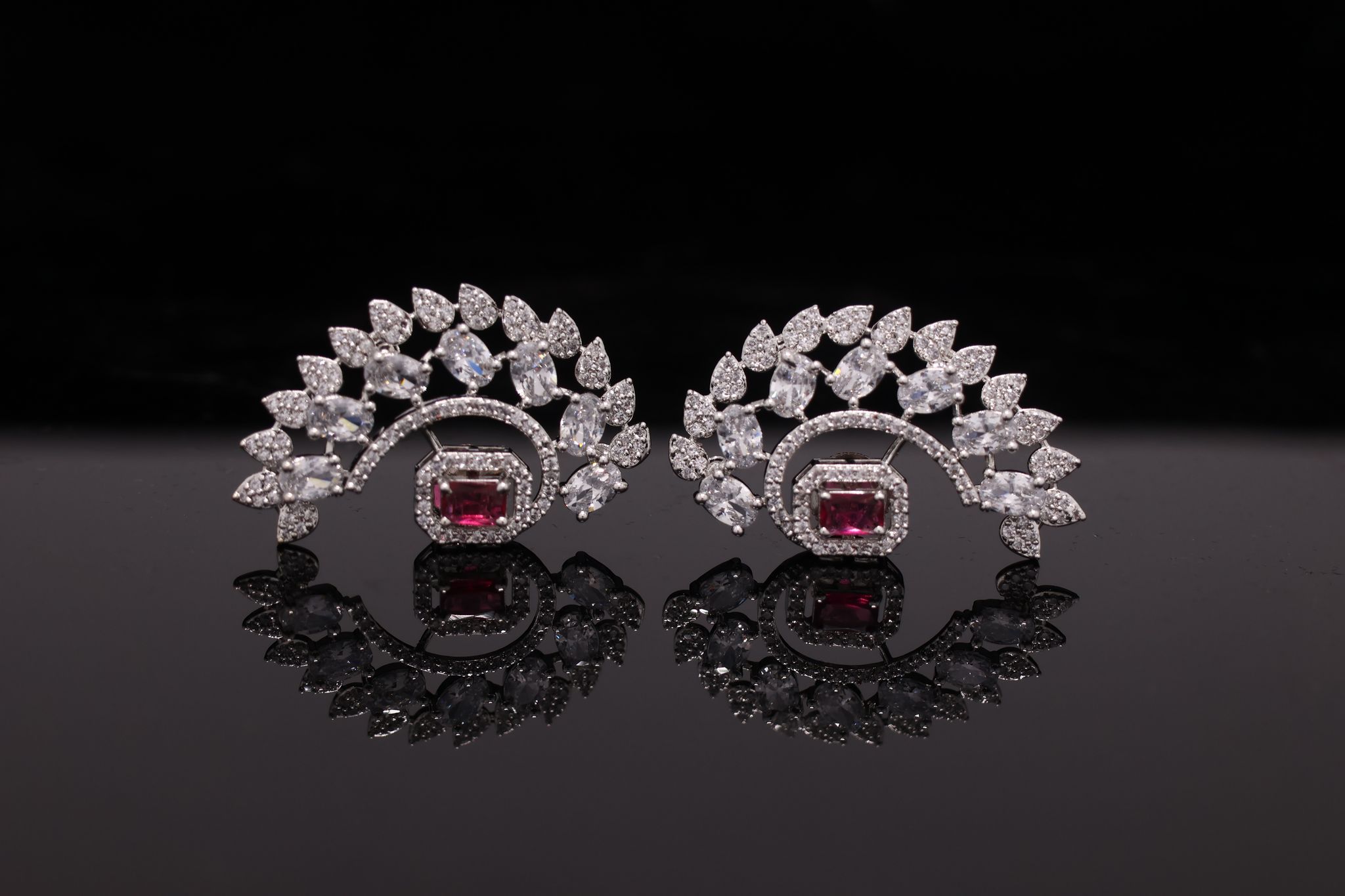 Cubic Zirconia Emerald Green Stone Rhodium Plated Earrings view 2