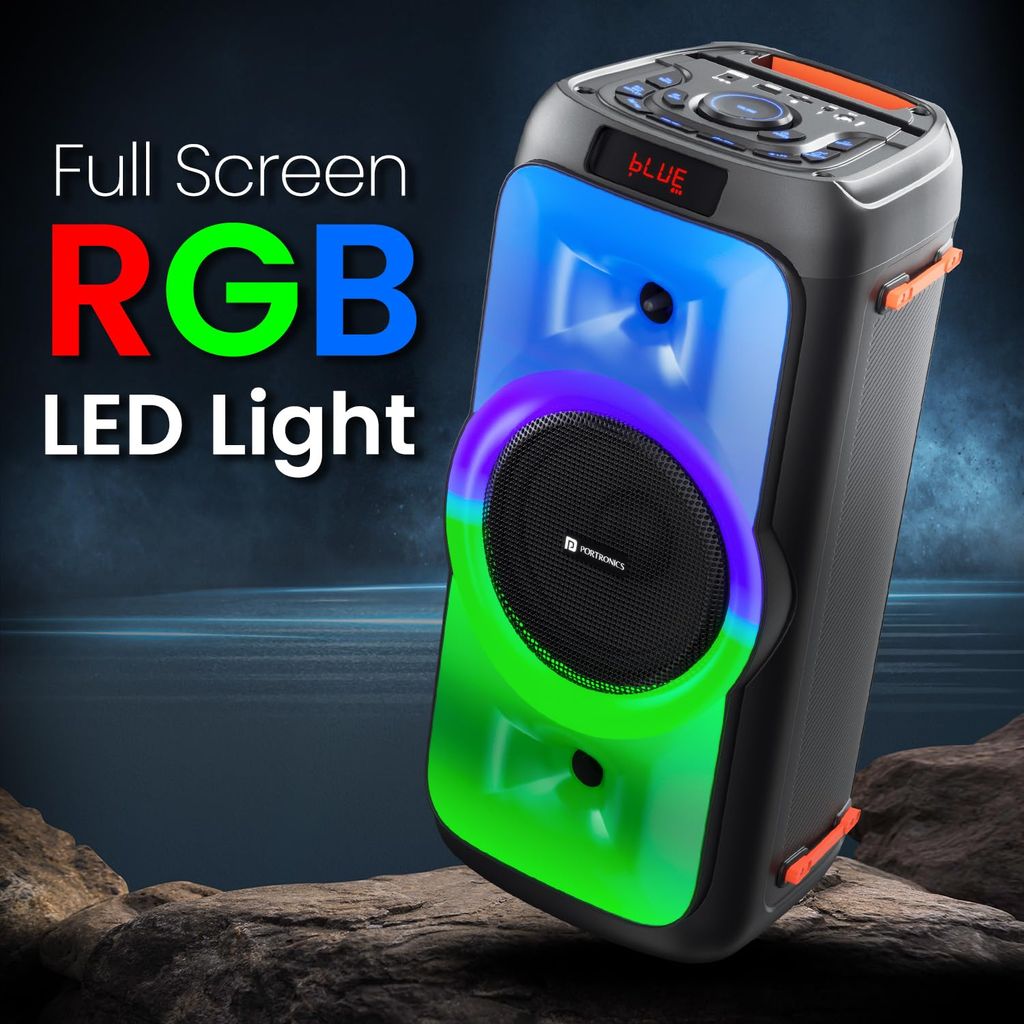 Portronics Iron Beats III 200W Party Speaker with Wireless Karaoke Mic, Upto 4 Hours Playtime, Bluetooth V5.3, SD Card/USB Drive/AUX in Port, Full Screen LED Lights, Bass/Treble Adjustment (Black) view 2