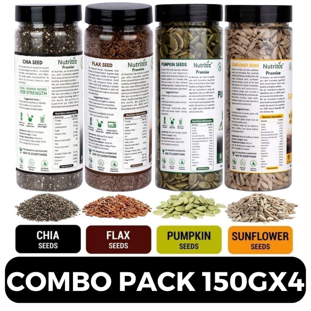 Nutritoz Raw Chia Seeds, Flax Seeds, Pumpkin Seeds, Sunflower Seeds Combo Loaded with Omega-3, Zinc, Fiber, Calcium, Protein for weight loss, Healthy Heart (600 g, 150G X 4) view 2