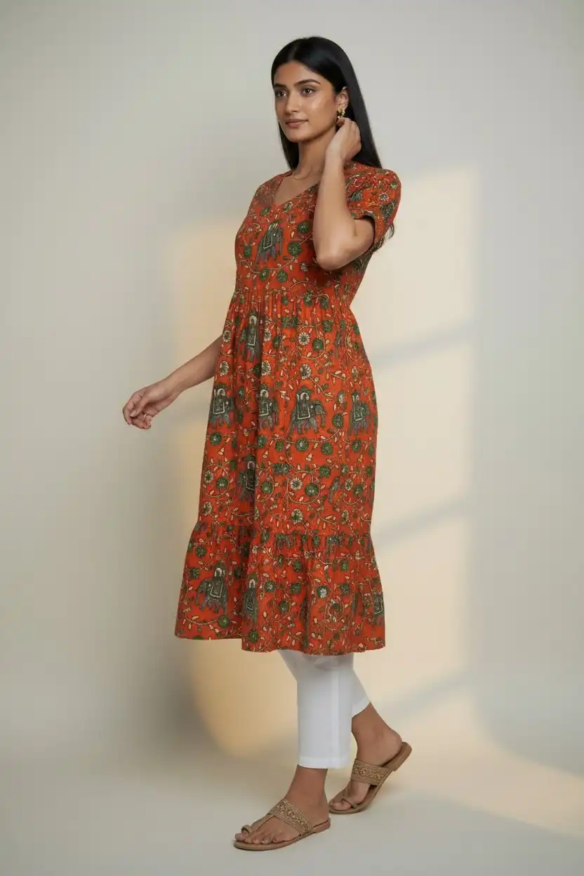 Floral Print Cotton Dress Orange Green view 2