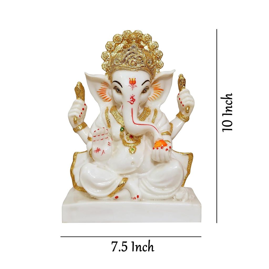 Vishu Store: Handicraft Marble Dust Large Ganesha Idol, Ganpati, Vinayak, White & Golden Color Ganesh Ji Ki Murti Statue/Idol for Home Temple Puja Room 9.5 Inches Pack of 1 view 2