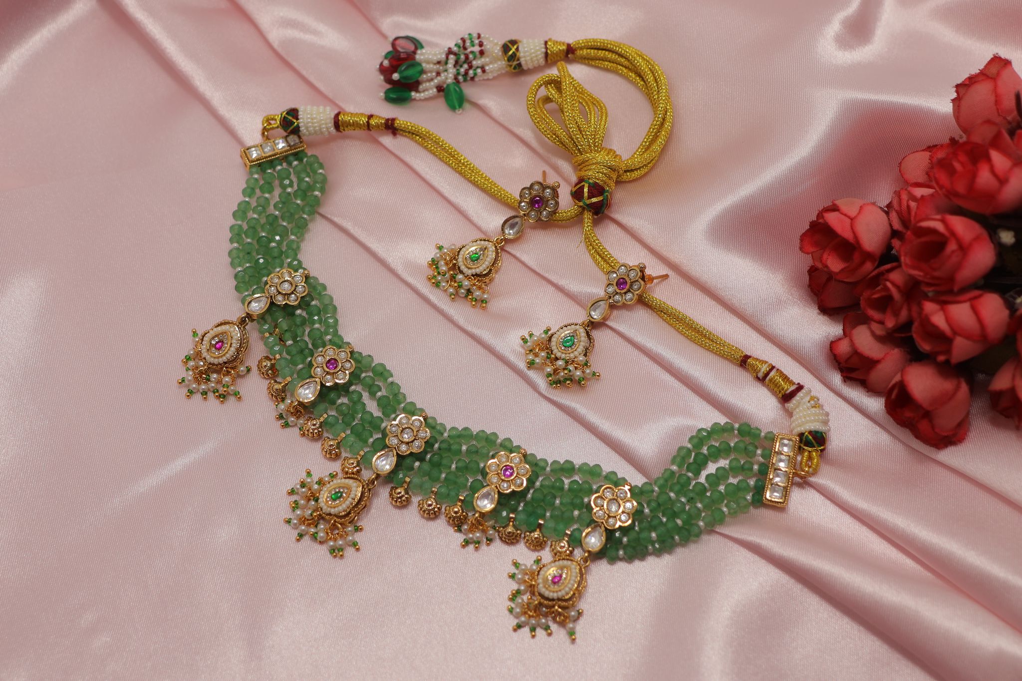 Traditional Green Beaded Gold Plated Choker Necklace for Women view 2