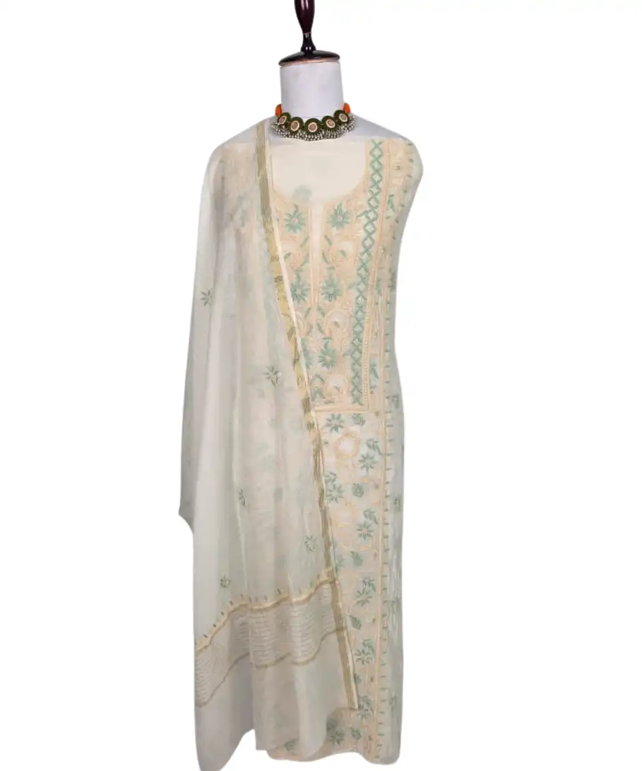 Chikankari Mul Chanderi Dress Material Ivory Peach Green