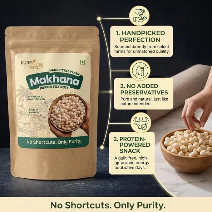 Pure Veda Organic Plain Makhana 100g | Handpicked Premium Phool Makhana | Raw Fox Nuts & Lotus Seeds | Unflavoured & Non Roasted | Healthy Snack for Weight Loss & Diet | Fit for Fasting, Vrat & Prasadam view 2