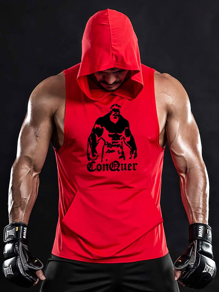 Hot Button Conquer Printed Stringer Gym Vest Hoodie for Men | Y-Back Design