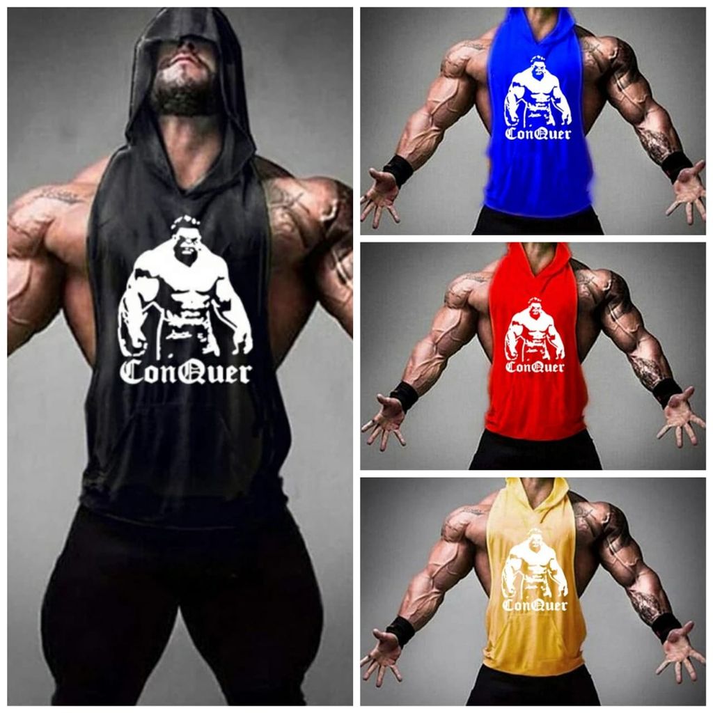 Hot Button Conquer Printed Stringer Gym Vest Hoodie for Men | Y-Back Design view 2