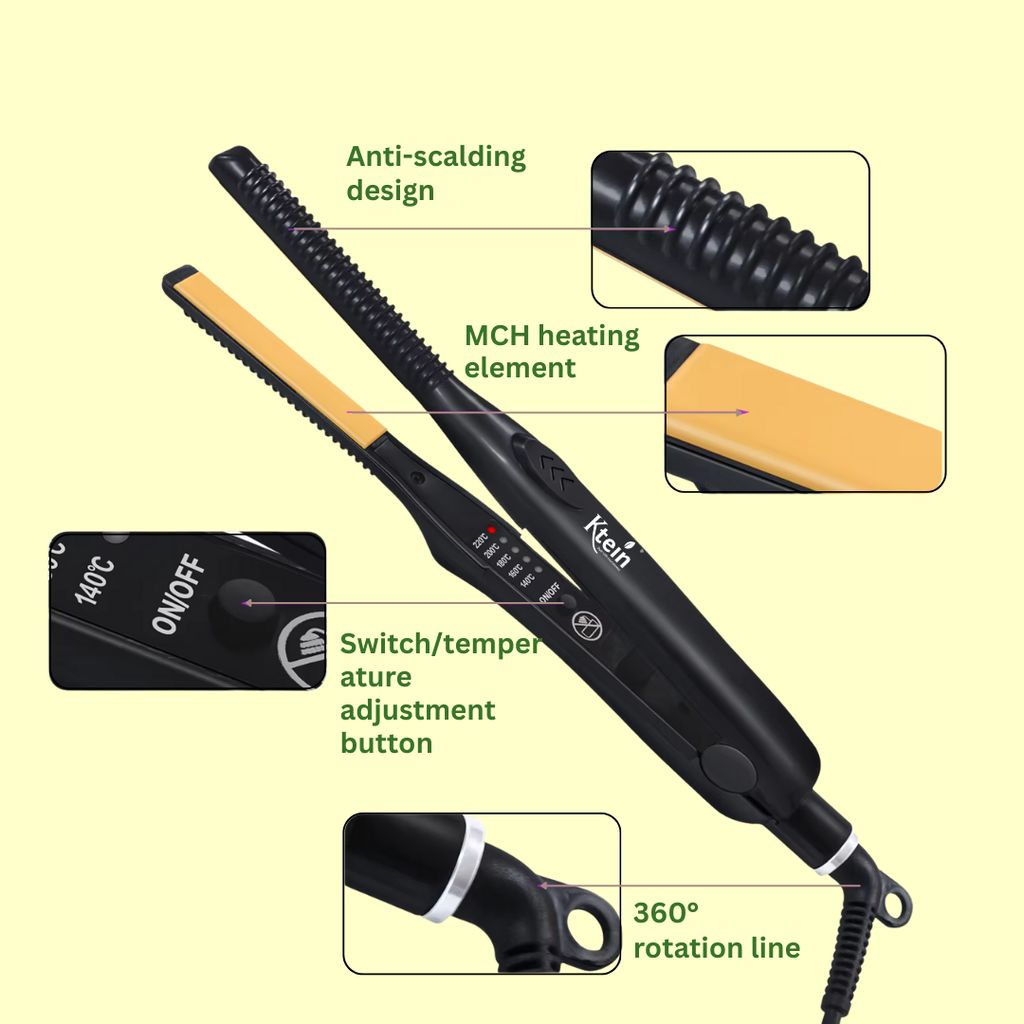Ktein Mini Flat Iron for Short Hair, Pixie Cut, Bangs, Beard & Wavy Styling | 2-in-1 Ceramic Pencil Hair Straightener for Men & Women | 5 Temp Settings | Fast Heating | Anti-Scald Design view 2